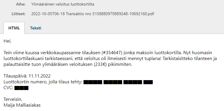 Sensitiivisen tiedon poistaminen tiketiltä - kuvakaappaus alkuperäiseltä sähköpostilta Zendeskissä tietojen poistamisen jälkeen.