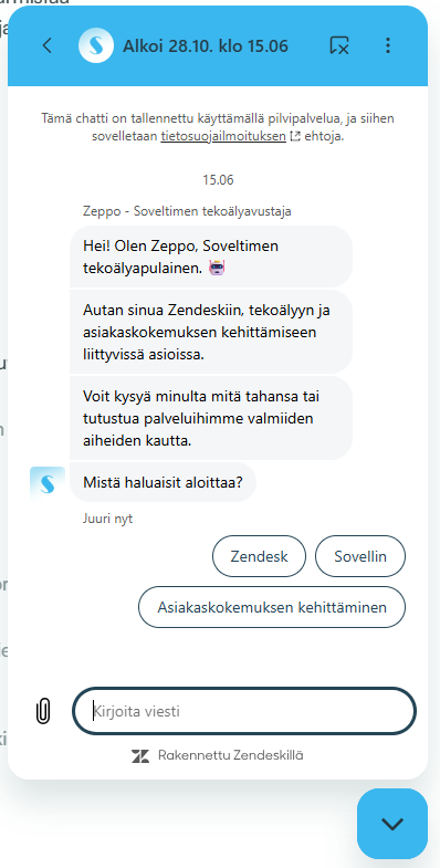 Zeppo on Soveltimen tekoälyapulainen, joka auttaa käyttäjiä Zendeskiin, tekoälyyn ja asiakaskokemuksen kehittämiseen liittyvissä asioissa.